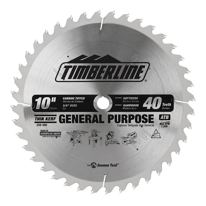 Timberline 250-400 Carbide Tipped Miter or Stationary 10 Inch D x 40T ATB, 0 Deg, 5/8 Bore, Circular Saw Blade