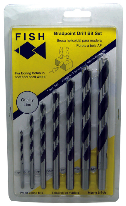 Brad Point Drill Bit  7-Pc Set In Blister Pack, 1/8" - 1/2" Diameter