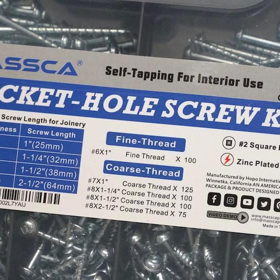 Massca Pocket-Hole Screw Kit 500 Units | Self Tapping Zinc Plated Screws Perfect for Interior Use and DIY Woodworking Projects and includes fine thread screws and coarse thread screws