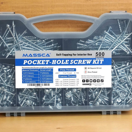 Massca Pocket-Hole Screw Kit 500 Units | Self Tapping Zinc Plated Screws Perfect for Interior Use and DIY Woodworking Projects and includes fine thread screws and coarse thread screws