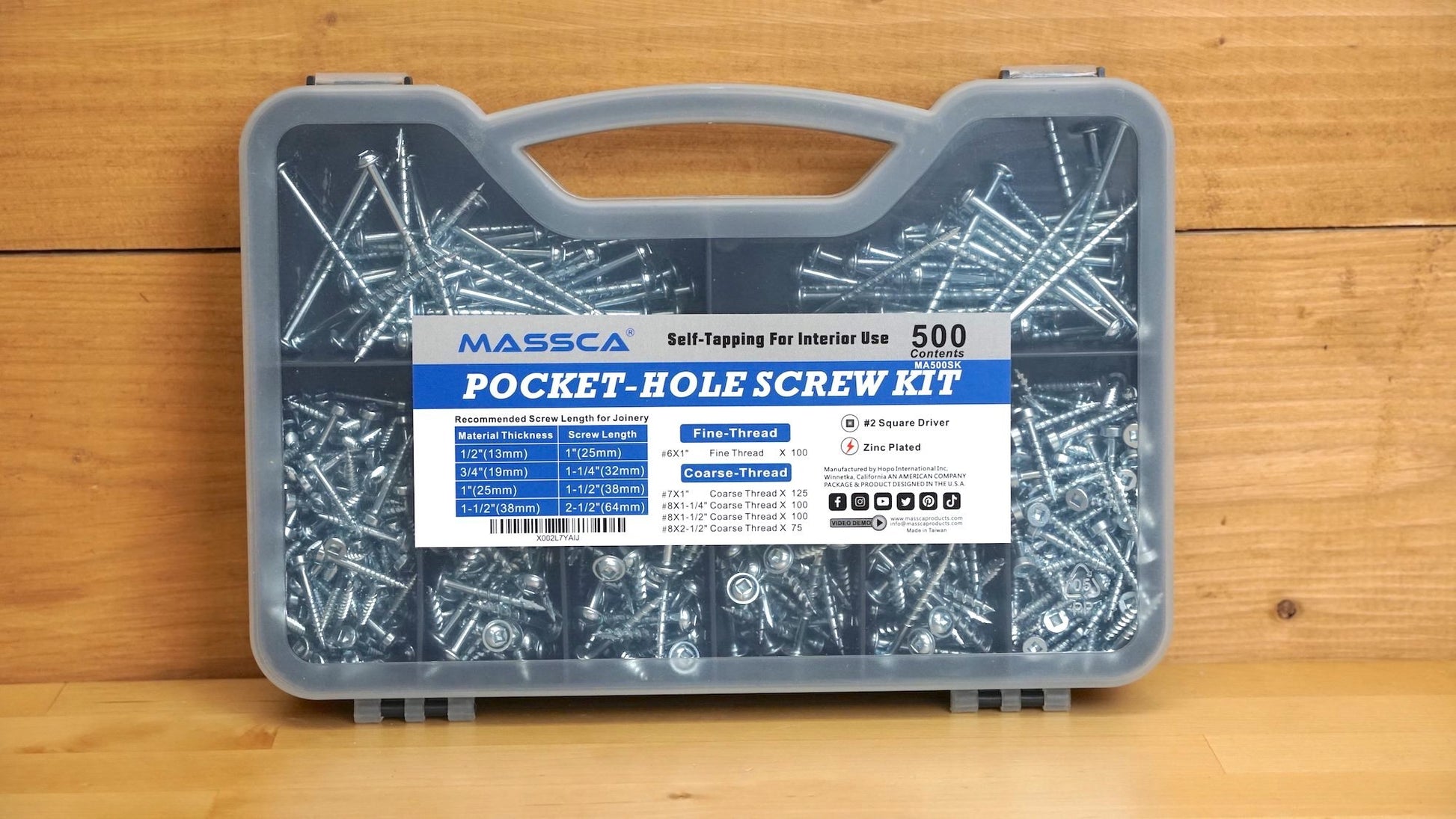 Massca Pocket-Hole Screw Kit 500 Units | Self Tapping Zinc Plated Screws Perfect for Interior Use and DIY Woodworking Projects and includes fine thread screws and coarse thread screws