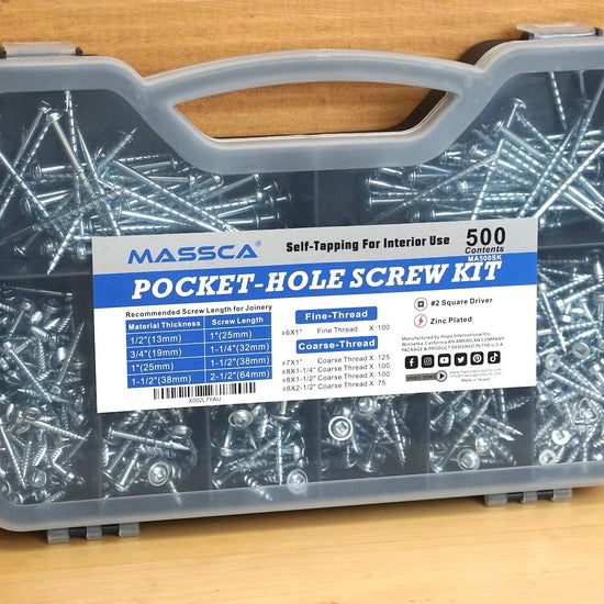 Massca Pocket-Hole Screw Kit 500 Units | Self Tapping Zinc Plated Screws Perfect for Interior Use and DIY Woodworking Projects and includes fine thread screws and coarse thread screws