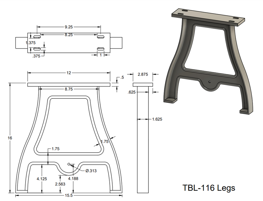 16" Cast Aluminum Table Legs (Camden), Set of 2