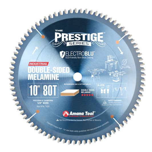 MB10800C Electro-Blu™ Carbide Tipped Prestige™ Double-Face Melamine 10 Inch Dia x 80T H-ATB, -6 Deg, 5/8 Bore, Non-Stick Coated