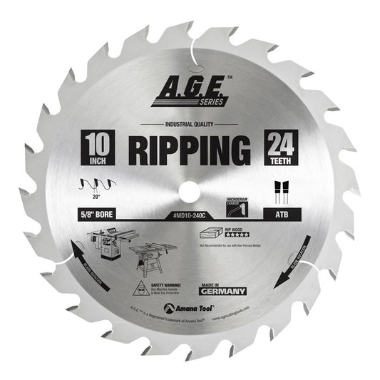 MD10-240 Carbide Tipped Ripping 10 Inch Dia x 24T ATB, 20 Deg, 5/8 Bore Circular Saw Blade