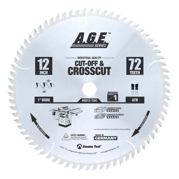 MD12-720 Carbide Tipped Cut-Off & Crosscut 12 Inch Dia x 72T ATB, 10 Deg, 1 Inch Bore Circular Saw Blade