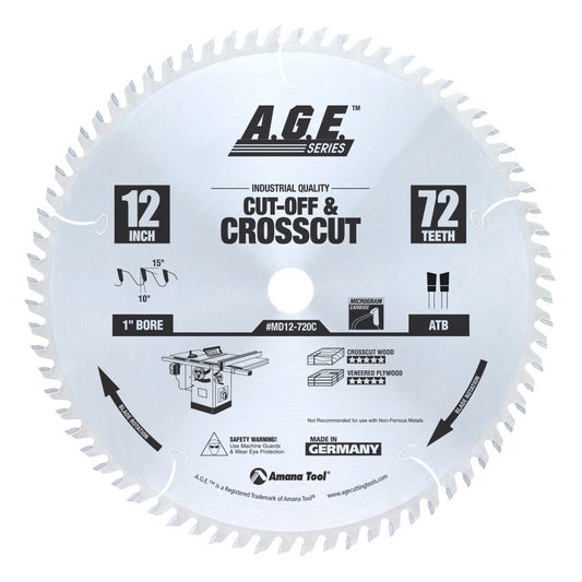 MD12-720 Carbide Tipped Cut-Off & Crosscut 12 Inch Dia x 72T ATB, 10 Deg, 1 Inch Bore Circular Saw Blade