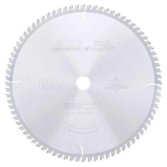 MD12-806 Carbide Tipped Thin Kerf Miter/Finishing 12 Inch Dia x 80T ATB, 0 Deg, 1 Inch Bore Circular Saw Blade