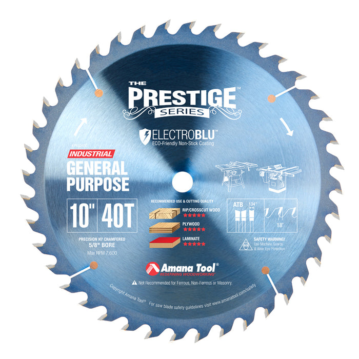 PR1040C Electro-Blu™ Carbide Tipped Prestige™ General Purpose 10 Inch Dia 40T ATB, 18 Deg, 5/8 Bore, Non-Stick Coated